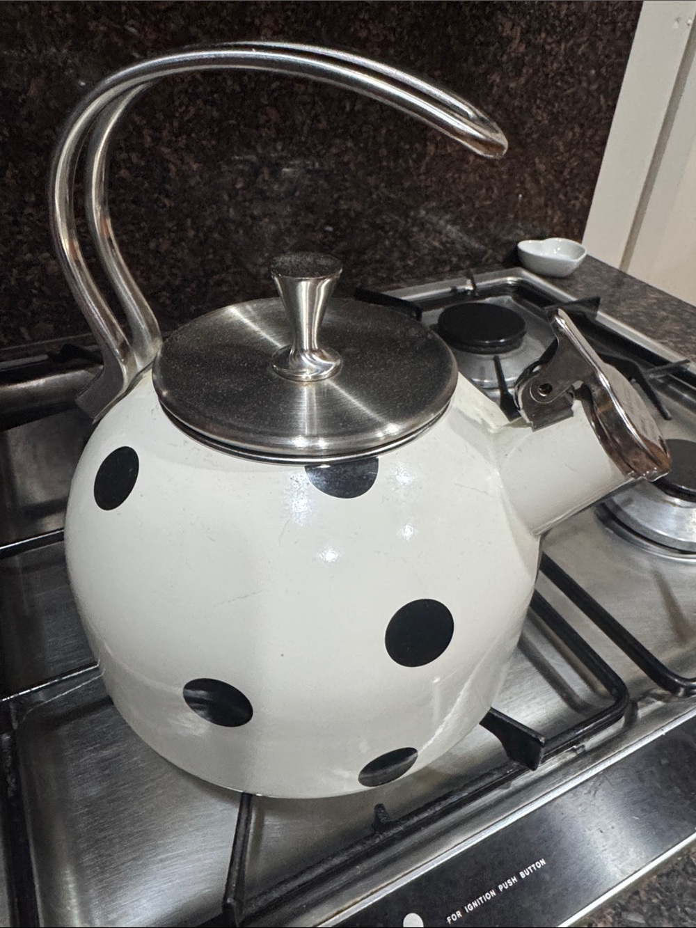 Kate Spade White Polka Dot Whistling Kettle with Stainless Handle